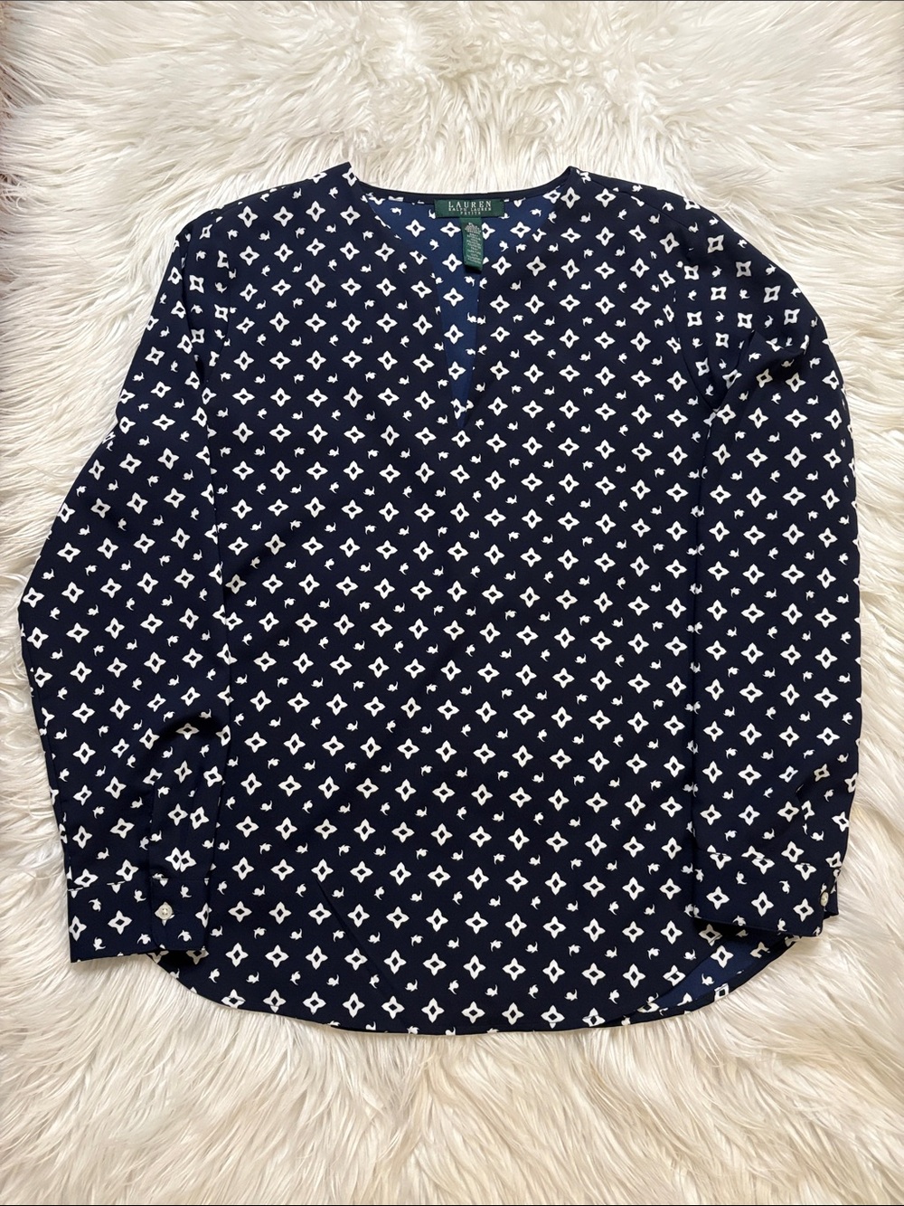 Ralph Lauren Navy and White Geometric Button-Down Shirt, Size Large Petite
